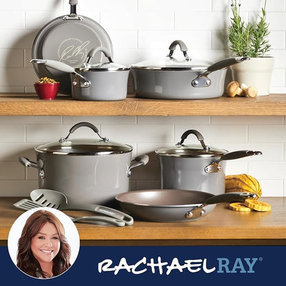 Rachael Ray Cucina Nonstick Cookware, Sea Salt Gray Pots and Pans Set, 12-Piece