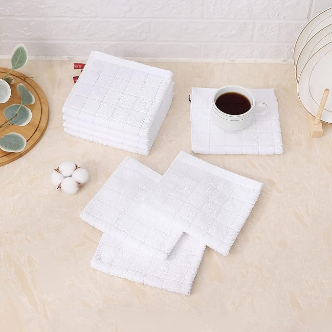 Mordimy 100% Cotton Terrycloth Kitchen Towels and Dishcloths Sets, Soft and Absorbent Checkered Dish Towels, Quick Drying Dish Rags for Washing Dishes, 4 Pack 16" x 26" & 4 Pack 12" x 12", White