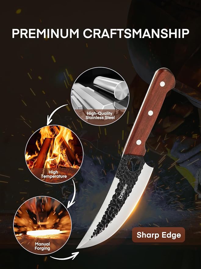D.Perlla Butcher Knife set 3PCS Chef Knife Set for Meat Cutting, Serbian Chef Knives Set and Viking Knife with Wooden Handle, Forged Cleaver knive Set for Outdoor BBQ and Camping with Gift Box