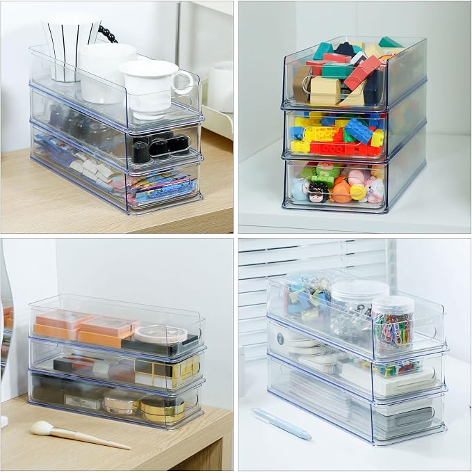 3 Tier Desk Drawer for Corner, Plastic Storage Organizer for Coffee Station, Under Sink, Bathroom Countertop and Kitchen Cabinet, Clear Stackable Pull Out Container, Short