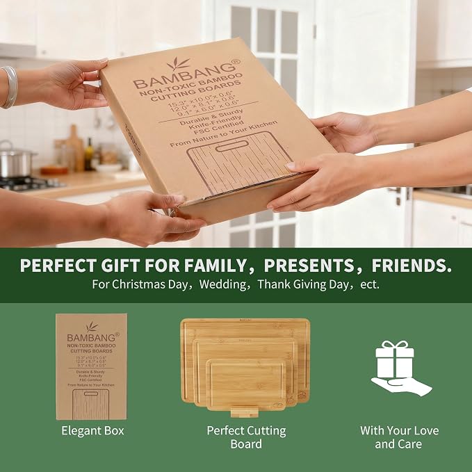 BAMBANG Bamboo Cutting Board Set, 3-Piece Wooden Chopping Boards for Kitchen, Non-Toxic Butcher Block with Juice Groove, Large Medium Small Cutting Boards for Meat, Vegetables & Cheese