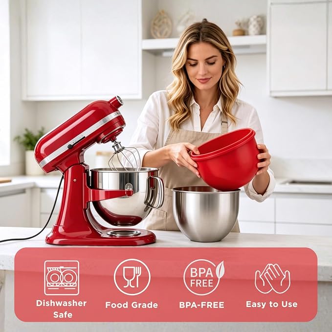 6 Qt 3-Pack Multicolor Silicone Liners with Vented Lids Compatible with KitchenAid Mixer, 2mm Extra-Thick Silicone Bowl Insert for Baking and Cooking, Mixer Parts & Accessories