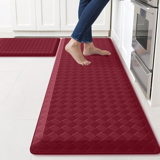 TranquilRelax 4/5 Inch Thick 2-Piece Anti-Fatigue Kitchen Mats, Cushioned Non-Slip Waterproof Sink & Stove Floor Mats, Comfortable Standing Rug Set for Kitchen, Laundry & Entryway, Red