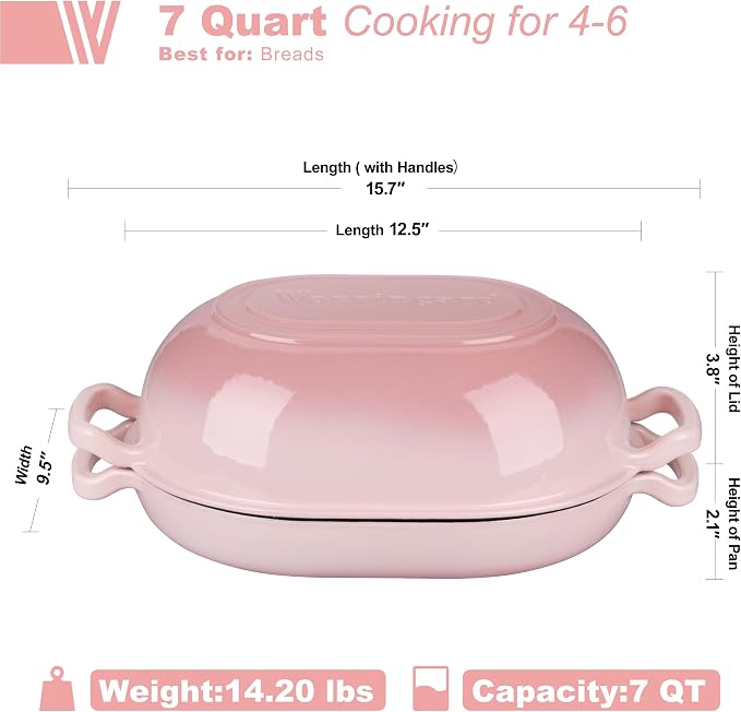 VORRINGARD Enameled Cast Iron Sourdough Bread Oven, Dutch Oven, Loaf Cast Iron Bread Pan for Homemade Bread Baking, Meatloaf Pan with Lid, 7QT, Pink