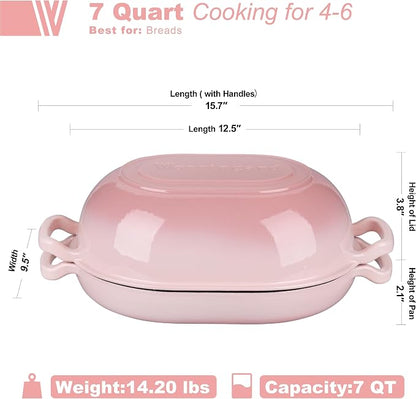 VORRINGARD Enameled Cast Iron Sourdough Bread Oven, Dutch Oven, Loaf Cast Iron Bread Pan for Homemade Bread Baking, Meatloaf Pan with Lid, 7QT, Pink