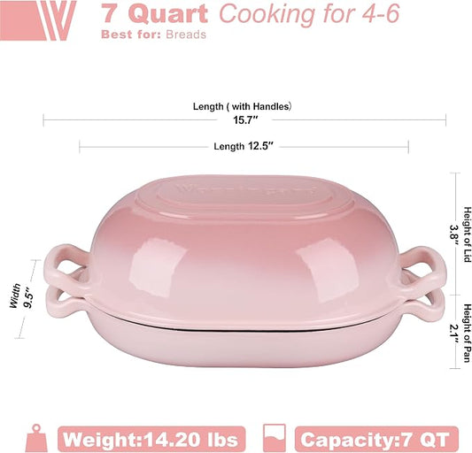 VORRINGARD Enameled Cast Iron Sourdough Bread Oven, Dutch Oven, Loaf Cast Iron Bread Pan for Homemade Bread Baking, Meatloaf Pan with Lid, 7QT, Pink