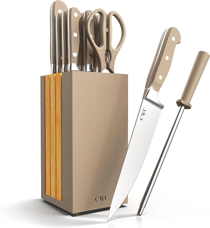 COOK WITH COLOR 14 Pieces Kitchen Knife Block Set, Knives for Kitchen, Forged Cutlery with Razor-Sharp High Carbon Steel Blades, Magnetic Block