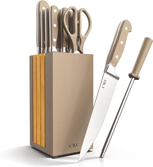 COOK WITH COLOR 14 Pieces Kitchen Knife Block Set, Knives for Kitchen, Forged Cutlery with Razor-Sharp High Carbon Steel Blades, Magnetic Block