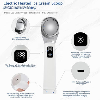 Electric Heated Ice Cream Scoop, Kitchen Gadget with Digital LED Temperature Display for Easy Scooping Rechargeable Scooper Dessert Server 5000mAh USB Powered IP67 Waterproof Kitchen Tool 2 Oz Max158℉