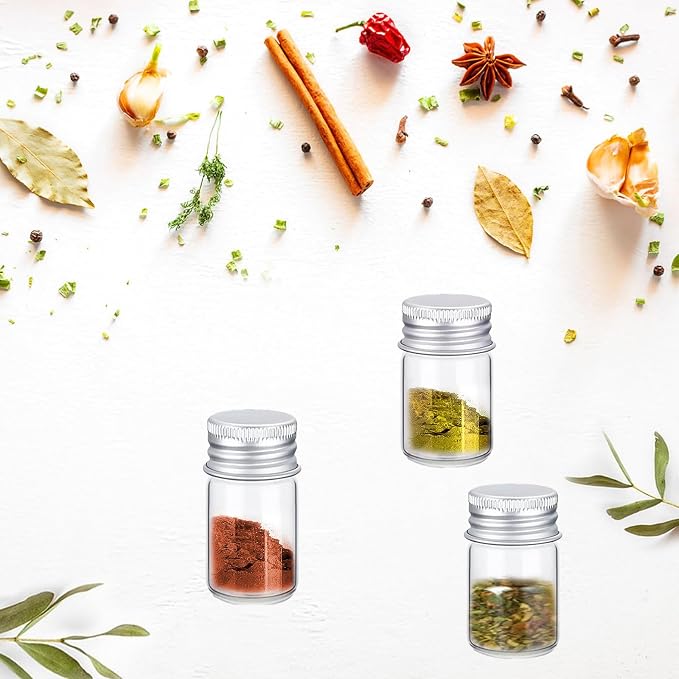 16 PCS Tiny Jars with Aluminum Lids 25ml Small Glass Bottles Empty Spice Jars Transparent Mini Containers Condiment Pot Seasoning Storage Bottle for Home Kitchen Outdoor Camping Hiking BBQ Hunting