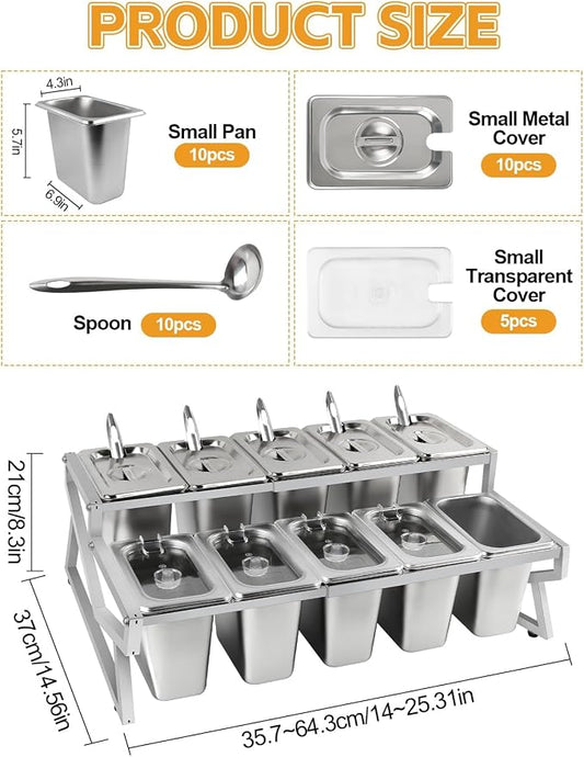 10 Pans Pizza Topping Station 2 Row Adjustable Pizza Storage Container Topping containers with Lids Condiment Organizers Buffet Containers Set for Restaurant Pizza Sauce Jam Fruit Ingredient