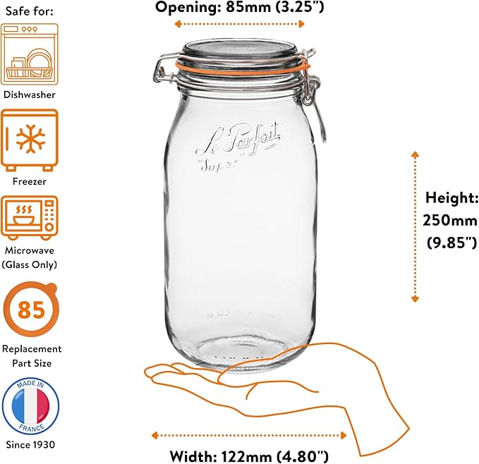 Le Parfait Super Jar 2L (64oz) French Glass Preserving Jar w/Airtight Rubber Seal & Wire Bail Closure - BPA-Free Canning Jar for Pickles, Fruits, Sauces & Food Storage - Made in France Since 1930 3PK