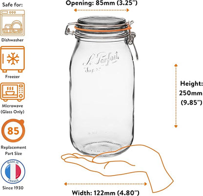 Le Parfait Super Jar 2L (64oz) French Glass Preserving Jar w/Airtight Rubber Seal & Wire Bail Closure - BPA-Free Canning Jar for Pickles, Fruits, Sauces & Food Storage - Made in France Since 1930 3PK