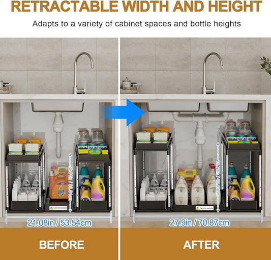 NIUXX Expandable Under Sink Organizer: 2 Tier Height Adjustable Under Cabinet Organizer - Double Pull Out Shelf Under Sink Storage for Kitchen - Bathroom and Laundry Room - Space Saving