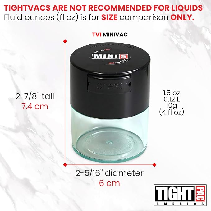 TIGHTPAC MINIVAC Portable Vacuum Seal Airtight Container – Keeps Coffee Beans, Grounds, Tea, Spices & Herbs Fresh Longer – Travel-Ready, NSF-Certified Food-Grade Storage, 10 to 30 Grams, Black/Clear