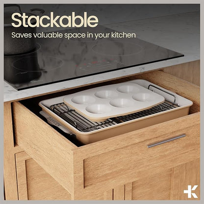Bakken 8-Piece Stackable Bakeware Set – Ceramic Non-Stick, Oven-Safe Baking Sheets & Pans, PTFE/PFOA/PFOS-Free, Ergonomic Handles, Includes Cooling Rack – Healthy, Non-Toxic Baking Essentials