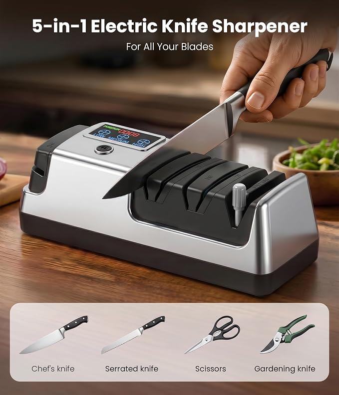 Electric Knife Sharpener for Kitchen - Professional 3-Stage Sharpening for Straight-Edge & Serrated Knives and Scissors, with 100% Diamond Abrasive (Silver)