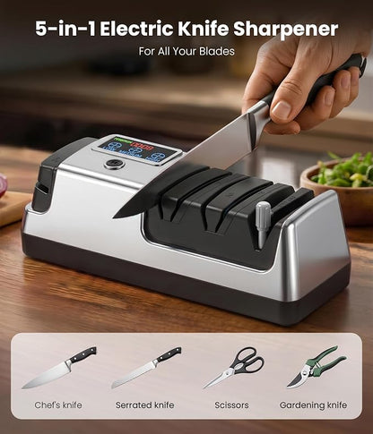 Electric Knife Sharpener for Kitchen - Professional 3-Stage Sharpening for Straight-Edge & Serrated Knives and Scissors, with 100% Diamond Abrasive (Silver)
