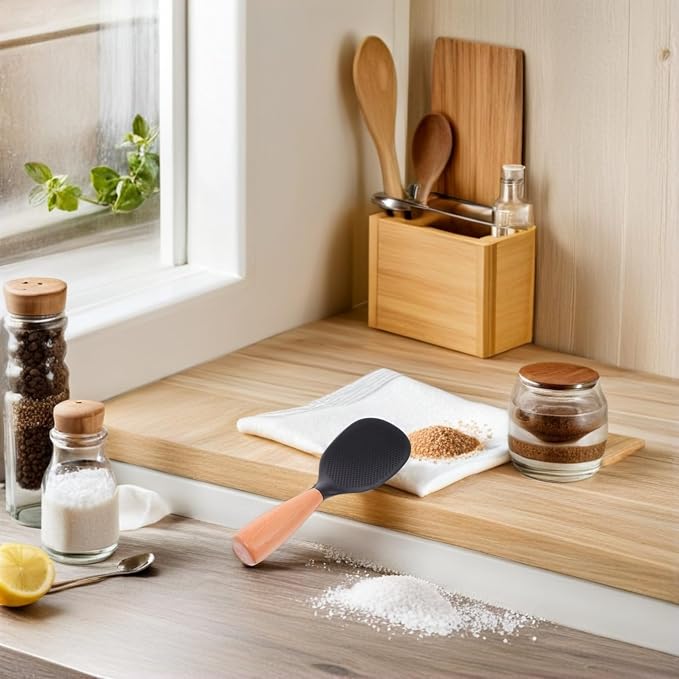 MAGICLULU Silicone Wooden Rice Paddle Kitchen Utensils Cooking Ladle Handle (Black)