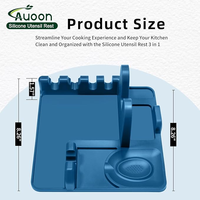 Auoon Silicone Spoon Rest with Lid Holder - 3 in 1 Kitchen Utensil Rest for Soup Ladles, Pot Lids, Spatulas, Spoons, Tongs, BPA Free & Dishwasher Safe, 8.26 x 8.06 Inch (Fog Blue, Large)
