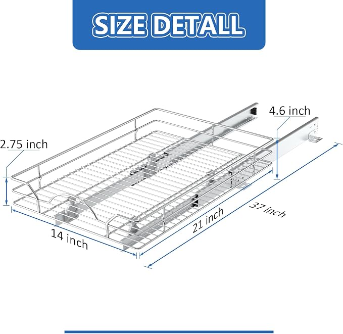 ROOMTEC Pull Out Cabinet Organizer - 14" W x 21" D, Slide Out Kitchen Cabinet Storage Shelves, Fits 15.5" Opening