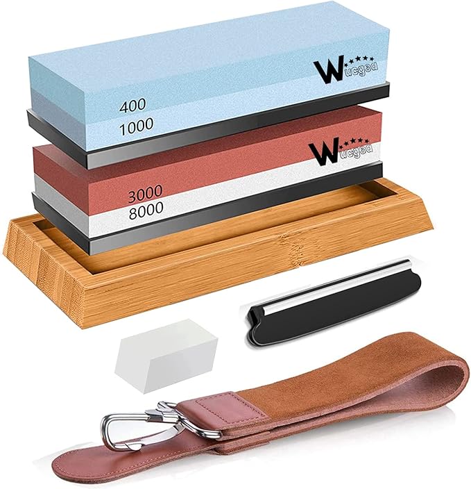 Wucgea Knife Sharpening Stone Kit - 400/1000 3000/8000 Grit Japanese Whetstone Set with Non-Slip Rubber Base, Angle Guide, Flattening Stone and Leather Strop