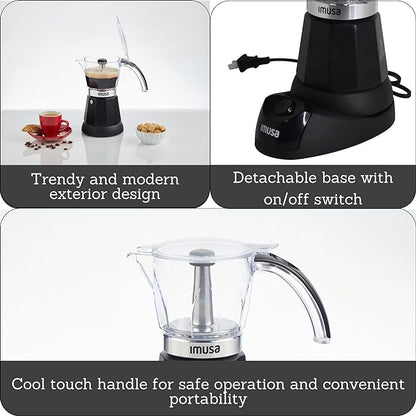 IMUSA 6 or 3 Cup Electric Espresso Maker Black Coffee Machine for Cuban Coffee, Moka and Espresso Drinks