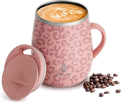 Ideus 16 oz (470 ml) Insulated Coffee Mug with Handle and Lid, Double Wall Stainless Steel Vacuum Thermal Coffee Mug, Travel Coffee Cup Thermal Cup for Home and Office, Leopard Pink