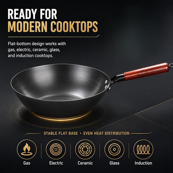 Calmabode 13” Large Flat Bottom Carbon Steel Wok with Glass Lid | Large deep wok, pre-seasoned nitrided carbon steel, amber glass lid, ideal for big family stir-fry, frying and hearty meals