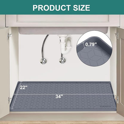 Under Sink Mat, 34" x 22" Waterproof Silicone Under Sink Tray for Kitchen & Laundry Cabinets, Kitchen Cabinet Shelf Protector, Up to 3.3 Gallons Liquid, Fits 36 inch Standard Cabinet(Grey)