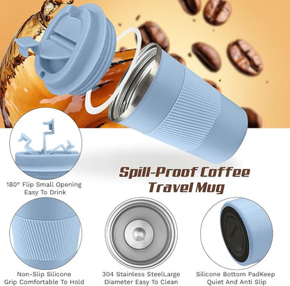 SPLMIFA Vacuum-Insulated Stainless Steel Travel Coffee Mug, Leak-Proof Reusable Coffee Cup with Lid - Keep Hot & Cold Drinks for Hours, Durable Insulated Tumbler for Men & Women(3rd-Light Blue, 12OZ)