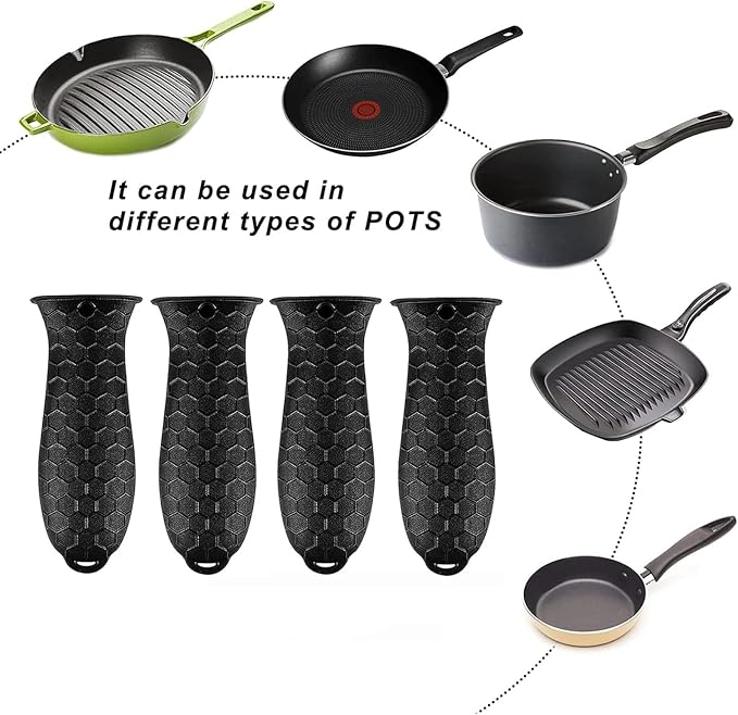 4 Pcs Silicone Hot Handle Holder, Potholder for Cast Iron Skillets, Non-Slip Rubber Pot Handle Sleeve Heat Resistant for Frying Pans & Griddles Sleeve Grip Handle Cover,Metal cookware Handles, Black