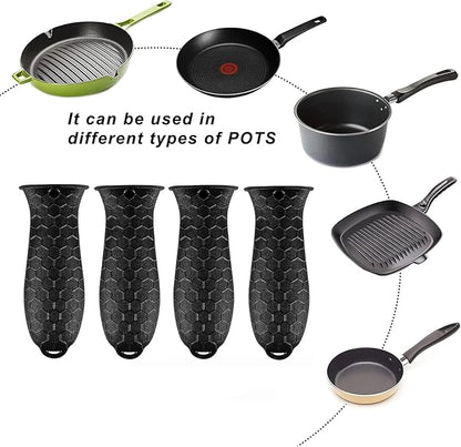 4 Pcs Silicone Hot Handle Holder, Potholder for Cast Iron Skillets, Non-Slip Rubber Pot Handle Sleeve Heat Resistant for Frying Pans & Griddles Sleeve Grip Handle Cover,Metal cookware Handles, Black