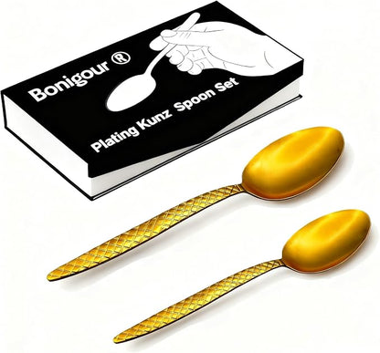 Kunz Spoons - Professional Chef Spoon Set for Basting, Plating, Quenelle, Serving, Sauces| Vintage-inspired 8" & 9" Spoon Set| Culinary Plating Tools with Non-Slip Grip (Matte Gold)