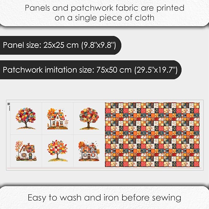 Autumn Patchwork Cottage Fabric Panel – Six 10×10 inch Designs + Bonus 29.5×19.6 inch Patchwork Sheet, 100% Turkish Cotton 140 GSM