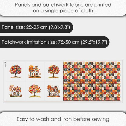 Autumn Patchwork Cottage Fabric Panel – Six 10×10 inch Designs + Bonus 29.5×19.6 inch Patchwork Sheet, 100% Turkish Cotton 140 GSM