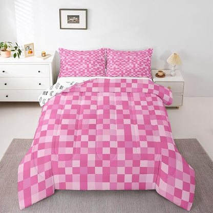 Manfei Pixelated Style Bedding Set King Size,Geometric Square Grid Comforter Set with 2 Pillowcases,Video Games Miners Bed Quilt,Pink Quilt Sets Home Decor,Women Men Birthday Gift