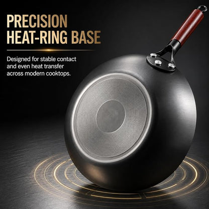 Calmabode 12” Flat Bottom Carbon Steel Wok with Glass Lid | Pre-seasoned nitrided carbon steel, amber glass lid, even heat base, ideal for wok hei, stir-fry and family meals