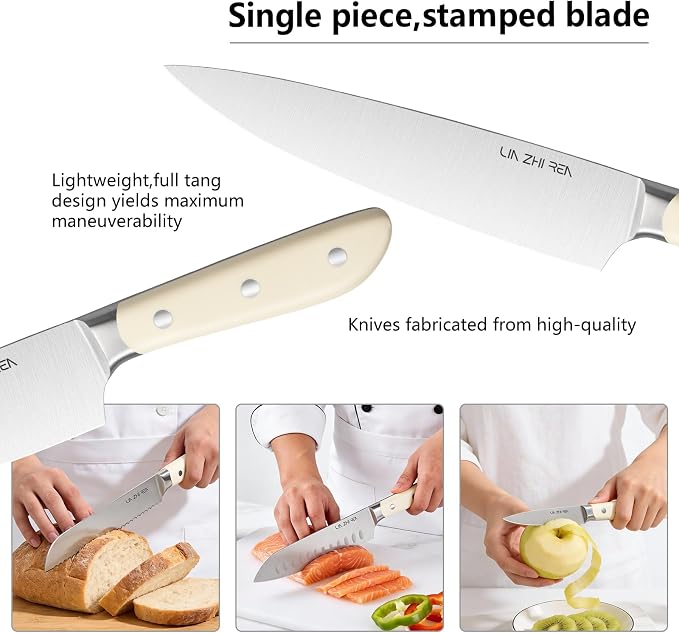 Kitchen Knife Set, 13 Pieces German Stainless Steel Knife Block Set for Chopping, Professional Chef Knife, Lightweight, Black Anti-slip Handle, Dishwasher Safe（white）