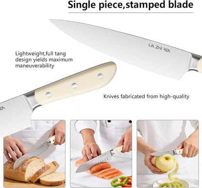 Kitchen Knife Set, 13 Pieces German Stainless Steel Knife Block Set for Chopping, Professional Chef Knife, Lightweight, Black Anti-slip Handle, Dishwasher Safe（white）