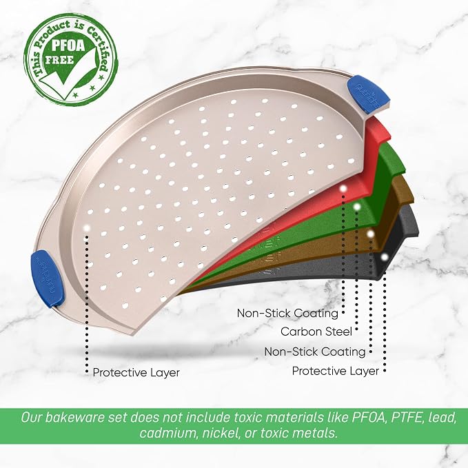 NutriChef 13-Inch Non-Stick Pizza Tray with Silicone Handle - Perforated Carbon Steel, Dishwasher Safe, PFOA Free - Champagne Gold - 12 Pack