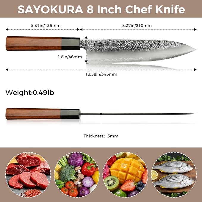 8" Professional Japanese Chef Knife, Authentic VG-10 Steel, 62 HRC, Ultra Sharp Corrosion Resistant Full Tang Blade, Octagonal Mahogany Handle, Handcrafted Knife with Premium Wooden Gift Box