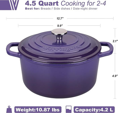 VORRINGARD Enameled Cast Iron Dutch Oven Pot with Lid, for Sourdough Bread Baking, Round Dutch Ovens, 4.5 Quart, Purple