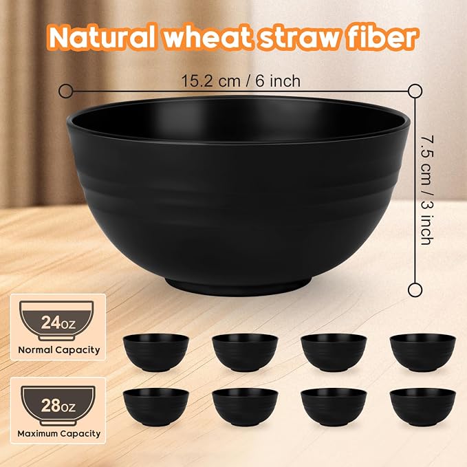Unbreakable Cereal Bowls Set of 8, 26 Oz Wheat Straw Bowl Sets, Microwave & Dishwasher Safe Bowls for Kitchen, Reusable Plastic Bowl for Soup, Salad, Rice, Snack, BPA Free, Balck