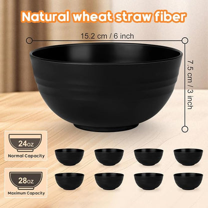 Unbreakable Cereal Bowls Set of 8, 26 Oz Wheat Straw Bowl Sets, Microwave & Dishwasher Safe Bowls for Kitchen, Reusable Plastic Bowl for Soup, Salad, Rice, Snack, BPA Free, Balck