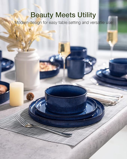 Famiware Star 16-Piece Stoneware Dinnerware Set, Service for 4, Reactive Glaze Mugs, Plates and Bowls, Dishes with Trim, Modern Rustic, Chip/Scratch Resistant, Microwave/Dishwasher Safe, Nebulas Blue