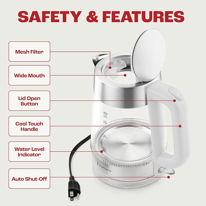Electric Kettle for Boiling Hot Tea & Water | 1.7L Stainless Steel Borosilicate Glass Boiler With No Plastic, Automatic Shutoff, BPA Free, Fast Heating Technology (White)