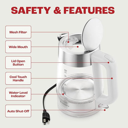 Electric Kettle for Boiling Hot Tea & Water | 1.7L Stainless Steel Borosilicate Glass Boiler With No Plastic, Automatic Shutoff, BPA Free, Fast Heating Technology (White)