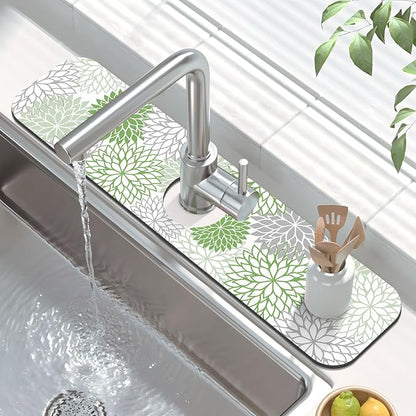 Findosom 2PCS 12" x 20" Dish Drying Mat & 24" x 5.5" Sink Splash Guard, Super Absorbent & Cuttable Dish Mat Drying Kitchen Mat with Green Floral, Hide Stain Drying Mat for Kitchen Counter
