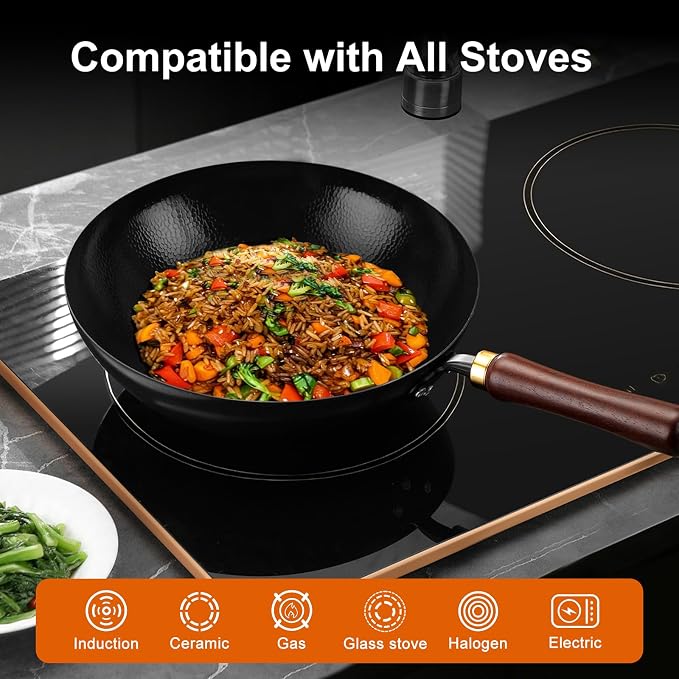 Carbon Steel Wok Pan, 13.4-Inch Nonstick Pre-Seasoned Woks & Stir-Fry Pans with Glass Lid, No Chemical Coated Wok Round Bottom Hand Hammered Chinese Wok for Induction, Gas, Electric & All Stoves